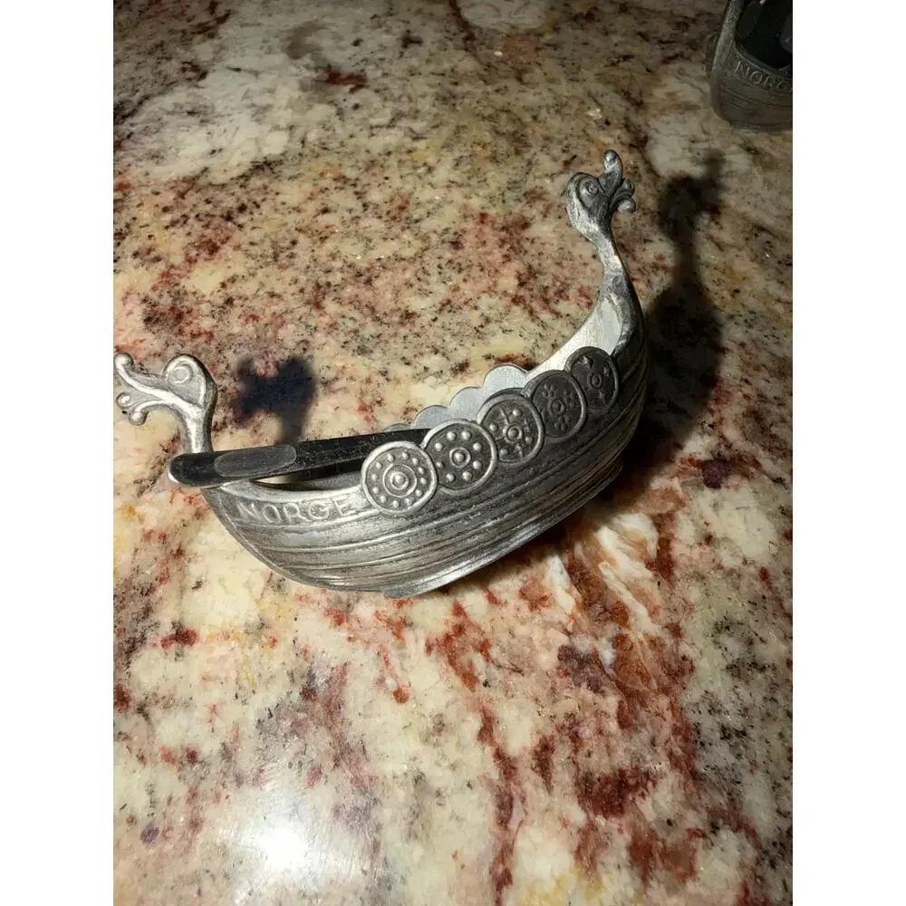Lot Vintage Handstopt TPB Tinn Pewter Norge Viking Ship Spoon 3” Salt Cellar